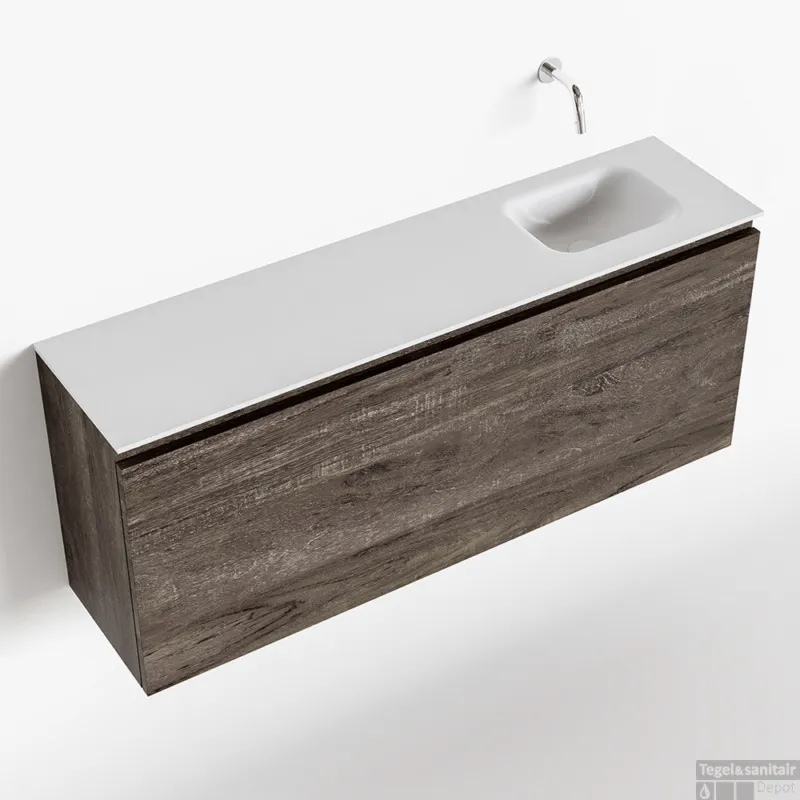 Aanbieding MONDIAZ OLAN 120cm toiletmeubel dark brown. LEX wastafel talc rechts geen kraangat