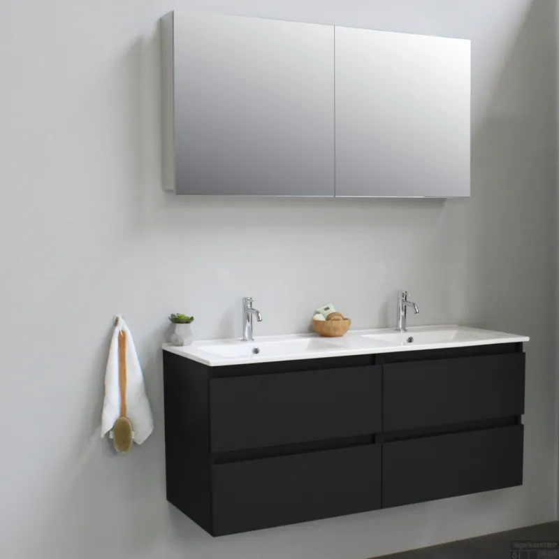 Bestel Nu Badkamermeubel BWS Pepper Wastafel Porselein 2 Kraangaten Spiegelkast 120x55x46 cm Mat Zwart