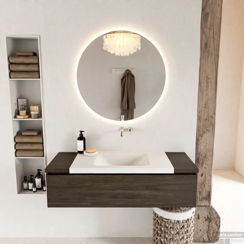 Nu Kopen MONDIAZ BUKLA 120cm badmeubel onderkast kleur Dark Brown met 1 lade. Wastafel CLOUD midden 0 kraangaten kleur Talc.