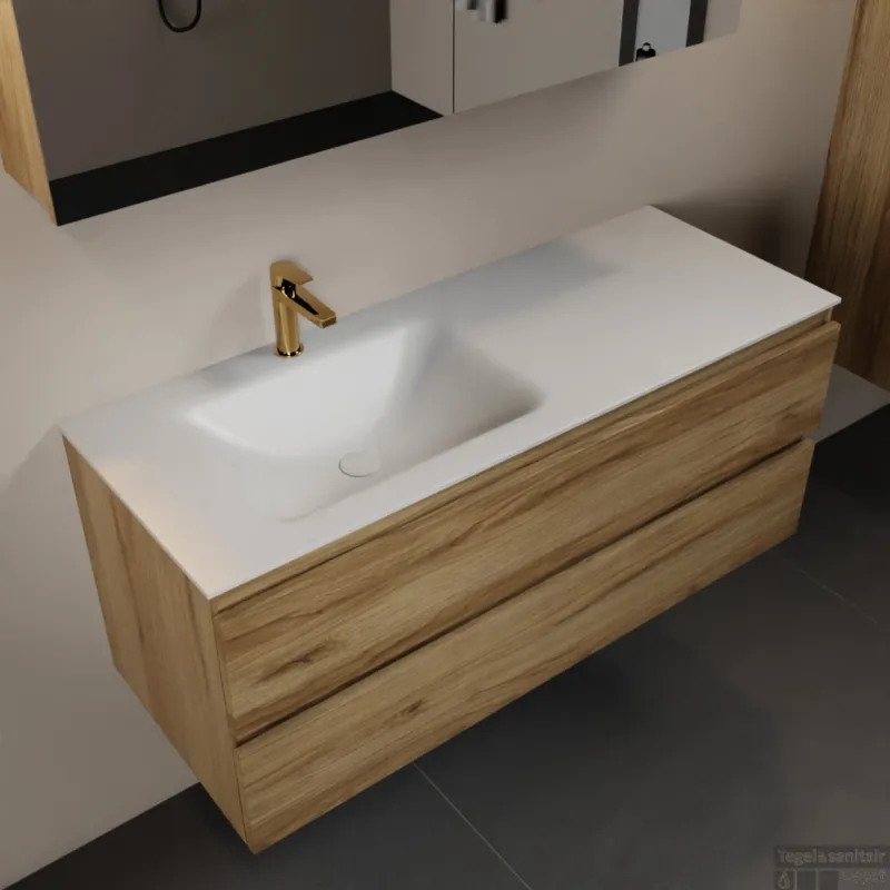 MONDIAZ AIVY 120cm badmeubel Chai, wastafel Talc solid surface links 1 kraangat met spiegelkast (AI-351631TALC-SI - AI-M120CHLI - AI-C120CHMI) Korting