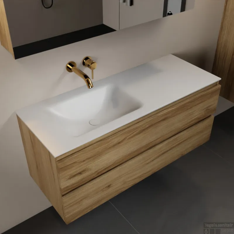 Nieuw MONDIAZ AIVY 120cm badmeubel Chai, wastafel Talc solid surface links zonder kraangat met spiegelkast (AI-351631TALC-NO - AI-M120CHLI - AI-C120CHMI)