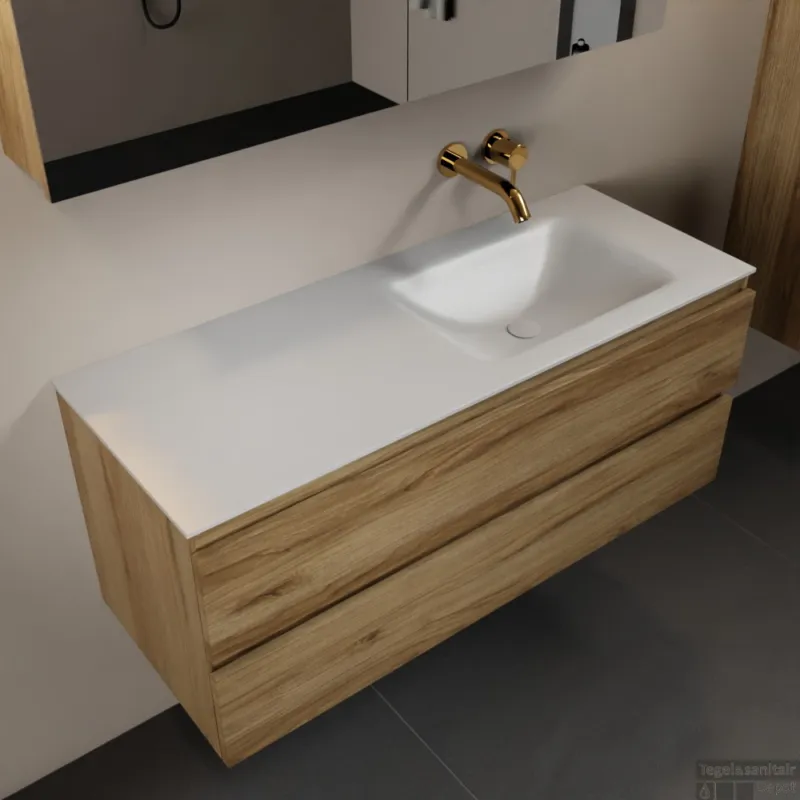 MONDIAZ AIVY 120cm badmeubel Chai, wastafel Talc solid surface rechts zonder kraangat met spiegelkast (AI-351641TALC-NO - AI-M120CHRE - AI-C120CHMI) Premium