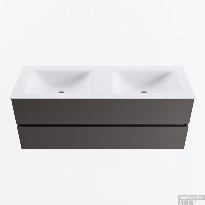 MONDIAZ VICA 130cm badmeubel onderkast Dark Grey 2 lades. Wastafel CLOUD dubbel zonder kraangat, kleur Talc. Meest Verkocht