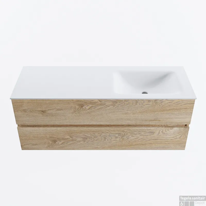 MONDIAZ VICA 130cm badmeubel onderkast Washed Oak 2 lades. Wastafel CLOUD rechts 1 kraangat, kleur Talc. Favoriet