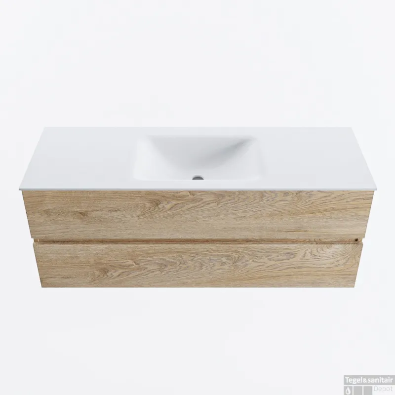 MONDIAZ VICA 130cm badmeubel onderkast Washed Oak 2 lades. Wastafel CLOUD midden zonder kraangat, kleur Talc. Op = Op
