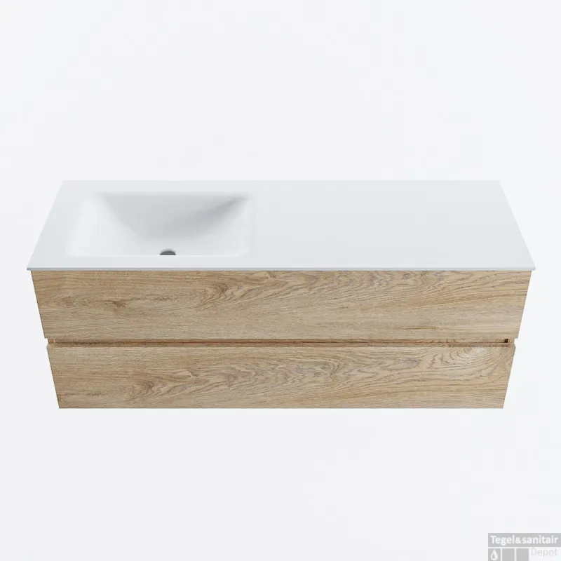 MONDIAZ VICA 130cm badmeubel onderkast Washed Oak 2 lades. Wastafel CLOUD links zonder kraangat, kleur Talc. Nu Kopen