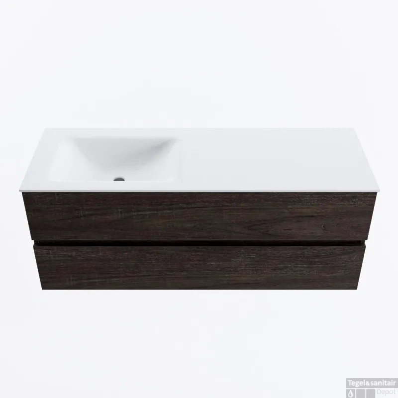 MONDIAZ VICA 130cm badmeubel onderkast Dark Brown 2 lades. Wastafel CLOUD links 1 kraangat, kleur Talc. Uitverkoop