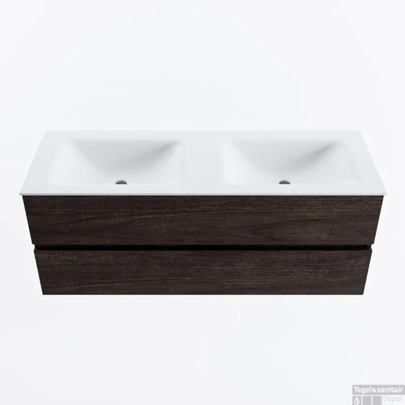 Must-Have MONDIAZ VICA 130cm badmeubel onderkast Dark Brown 2 lades. Wastafel CLOUD dubbel 2 kraangaten, kleur Talc.