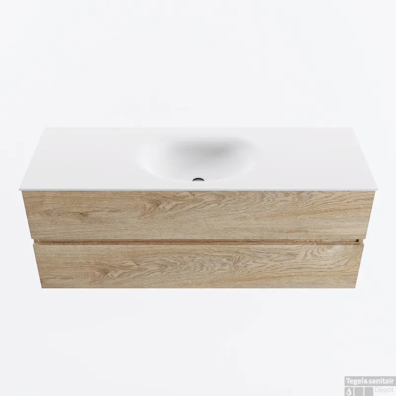 MONDIAZ VICA 130cm badmeubel onderkast Washed Oak 2 lades. Wastafel MOON midden 1 kraangat, kleur Talc. Beperkte Voorraad