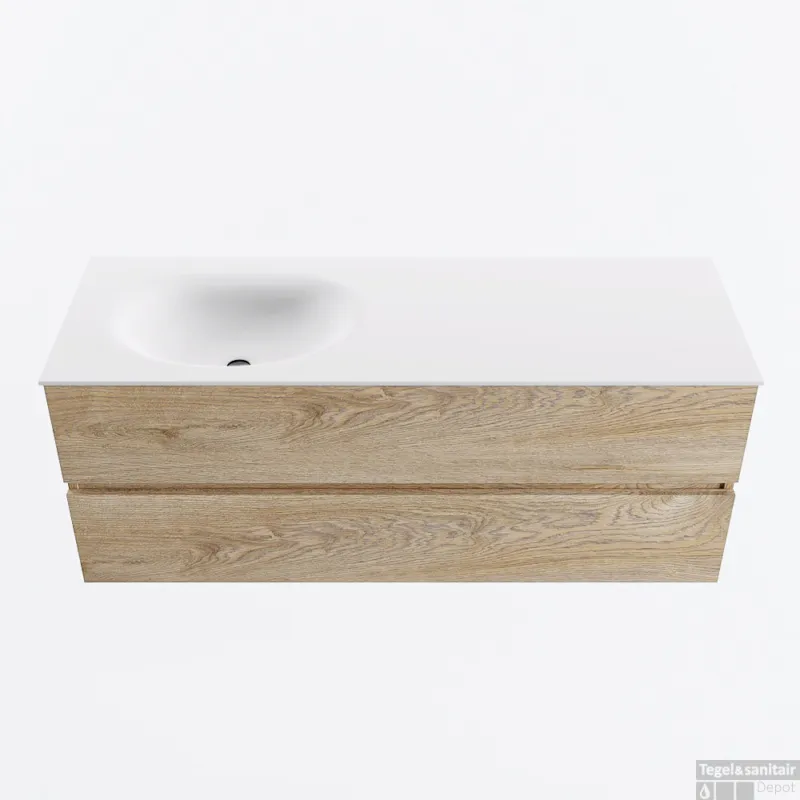 MONDIAZ VICA 130cm badmeubel onderkast Washed Oak 2 lades. Wastafel MOON links 1 kraangat, kleur Talc. Nieuw