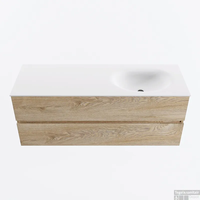 MONDIAZ VICA 130cm badmeubel onderkast Washed Oak 2 lades. Wastafel MOON rechts 1 kraangat, kleur Talc. Flitsaanbieding