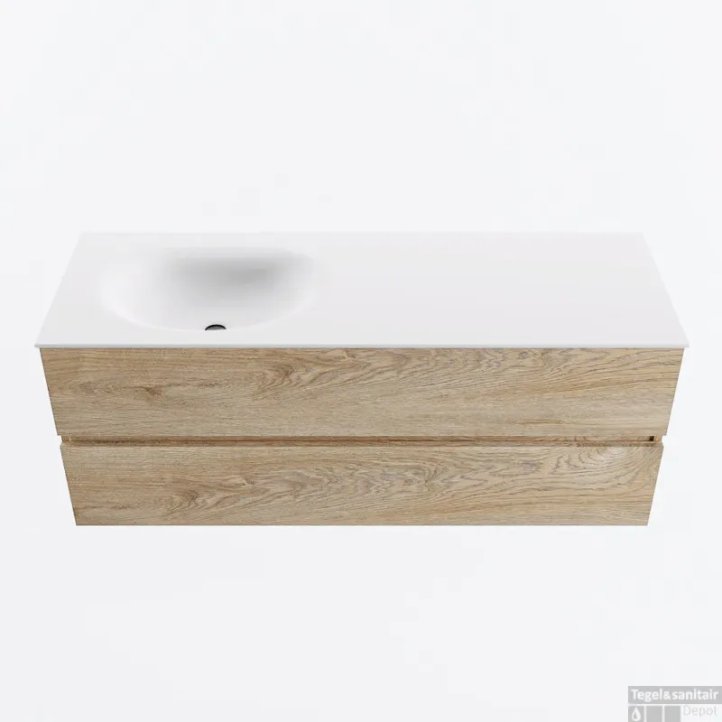 Koop Vandaag MONDIAZ VICA 130cm badmeubel onderkast Washed Oak 2 lades. Wastafel MOON links zonder kraangat, kleur Talc.