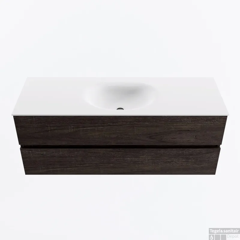 MONDIAZ VICA 130cm badmeubel onderkast Dark Brown 2 lades. Wastafel MOON midden zonder kraangat, kleur Talc. Express Levering