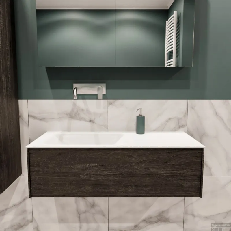Nu Kopen Badkamermeubel BWS Madrid Dark Brown 100x45x30 cm Mat Witte Solid Surface Wastafel Links (0 kraangaten)