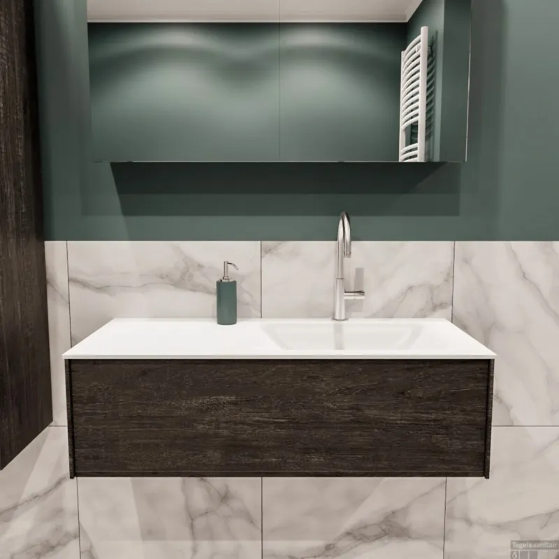 Hoge Kwaliteit Badkamermeubel BWS Madrid Dark Brown 100x45x30 cm Mat Witte Solid Surface Wastafel Rechts (1 kraangat)