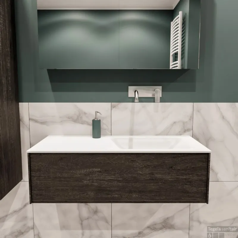 Tijdelijk Beschikbaar Badkamermeubel BWS Madrid Dark Brown 100x45x30 cm Mat Witte Solid Surface Wastafel Rechts (0 kraangaten)