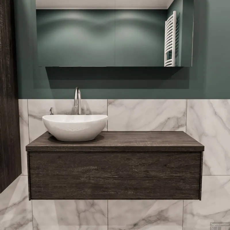 Badkamermeubel BWS Madrid Dark Brown 100 cm met Topblad en Keramische Waskom Links (1 kraangat) Betaalbaar
