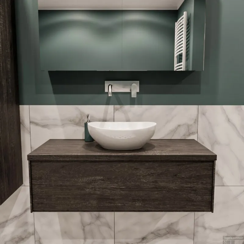 Koop Vandaag Badkamermeubel BWS Madrid Dark Brown 100 cm met Topblad en Keramische Waskom (0 kraangaten)