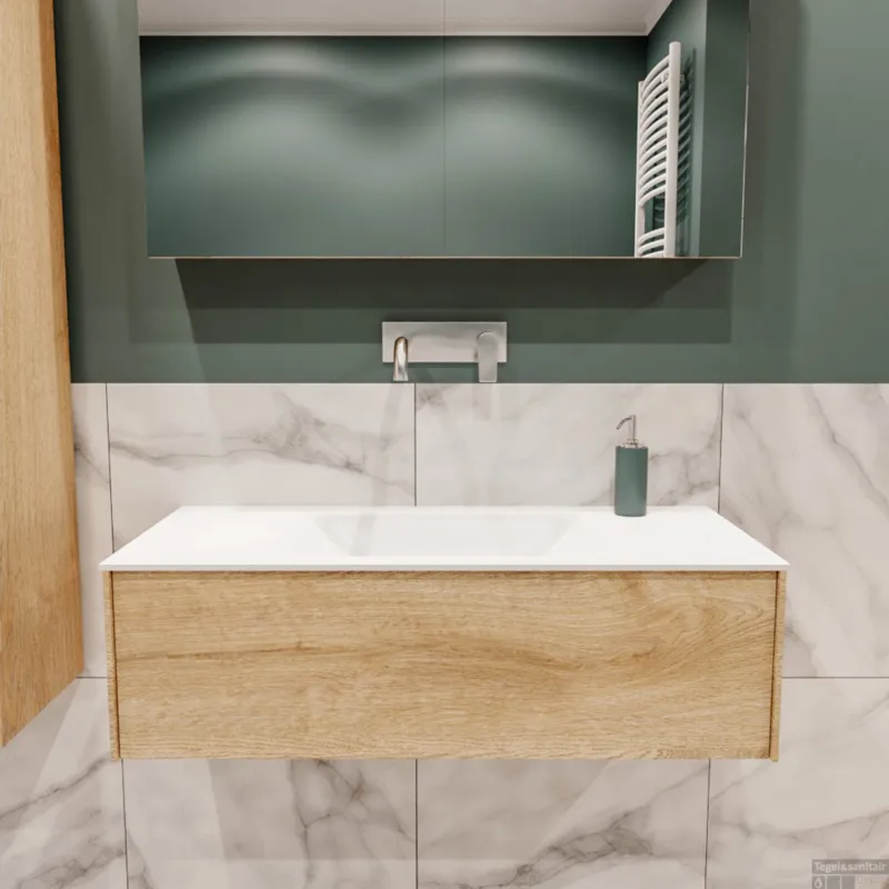 Rechtstreeks Van De Fabrikant Badkamermeubel BWS Madrid Washed Oak 100x45x30 cm Mat Witte Solid Surface Wastafel (0 kraangaten)