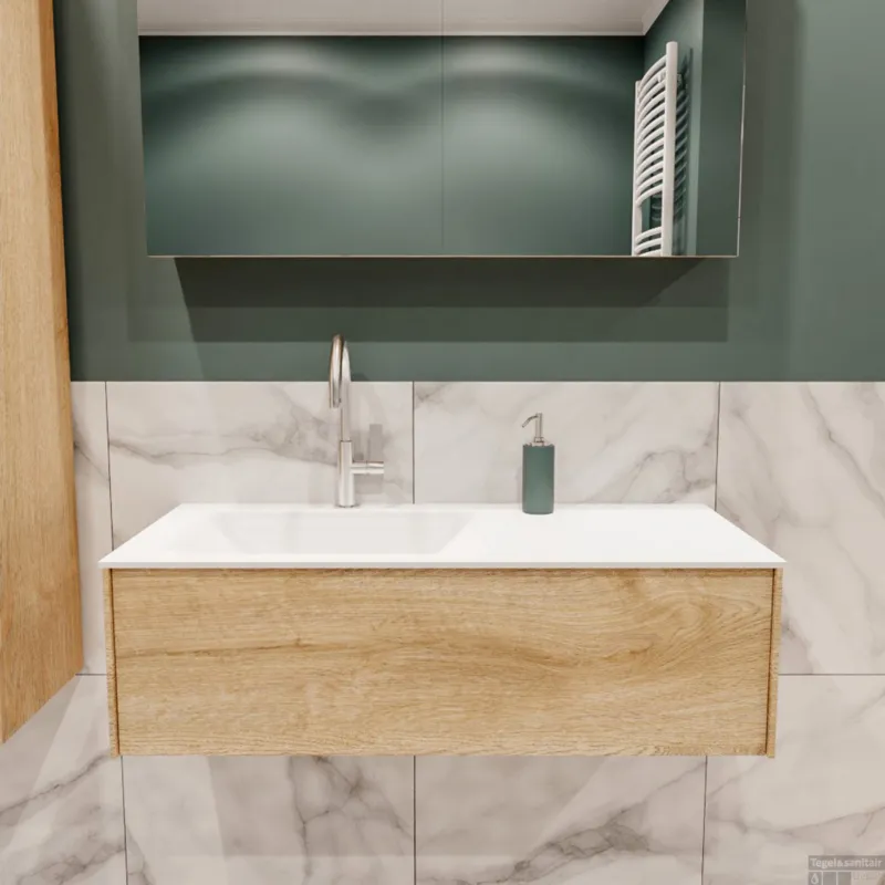 Badkamermeubel BWS Madrid Washed Oak 100x45x30 cm Mat Witte Solid Surface Wastafel Links (1 kraangat) Aanbieding