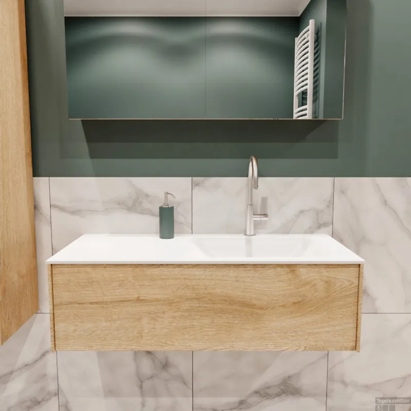 Badkamermeubel BWS Madrid Washed Oak 100x45x30 cm Mat Witte Solid Surface Wastafel Rechts (1 kraangat) Direct Beschikbaar