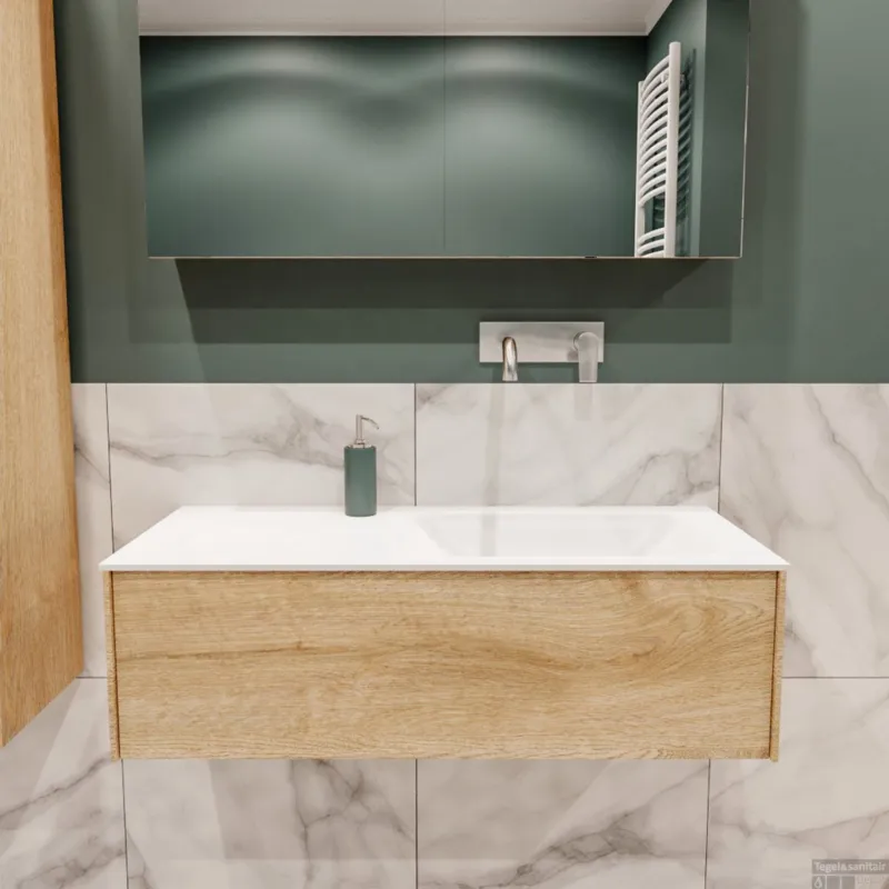 Badkamermeubel BWS Madrid Washed Oak 100x45x30 cm Mat Witte Solid Surface Wastafel Rechts (0 kraangaten) Flitsaanbieding