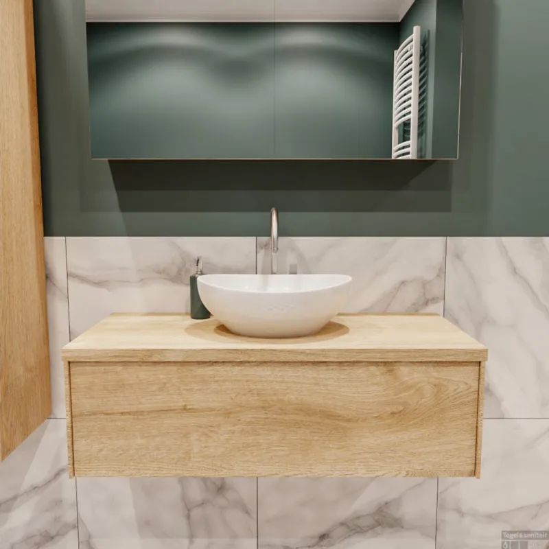 Badkamermeubel BWS Madrid Washed Oak 100 cm met Topblad en Keramische Waskom (1 kraangat) Laatste Versie