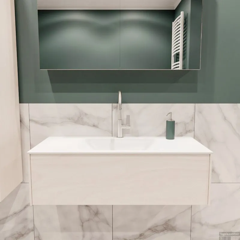 Badkamermeubel BWS Madrid Wit 100x45x30 cm Mat Witte Solid Surface Wastafel (1 kraangat) Dagaanbieding