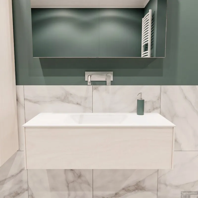 Badkamermeubel BWS Madrid Wit 100x45x30 cm Mat Witte Solid Surface Wastafel (0 kraangaten) Rechtstreeks Van De Fabrikant