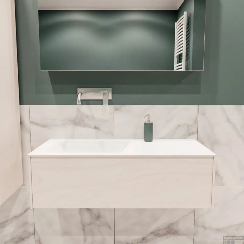 Badkamermeubel BWS Madrid Wit 100x45x30 cm Mat Witte Solid Surface Wastafel Links (0 kraangaten) Dagaanbieding