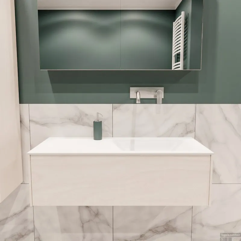 Beperkte Voorraad Badkamermeubel BWS Madrid Wit 100x45x30 cm Mat Witte Solid Surface Wastafel Rechts (0 kraangaten)
