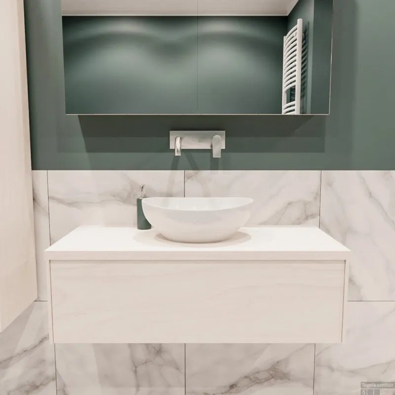 Badkamermeubel BWS Madrid Wit 100 cm met Topblad en Keramische Waskom (0 kraangaten) Lage Kosten
