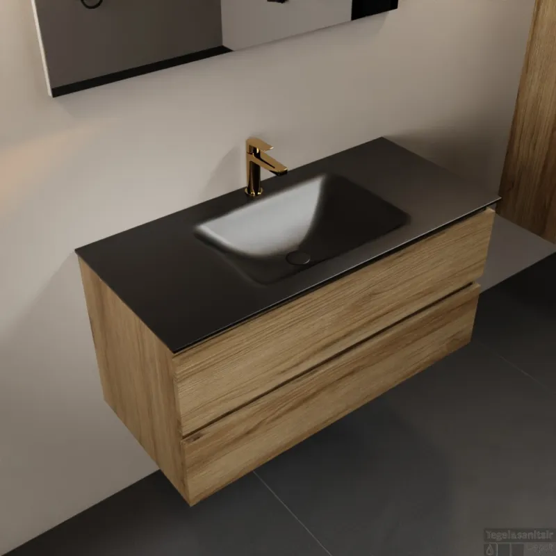 MONDIAZ AIVY 100cm badmeubel Chai, wastafel Urban solid surface midden 1 kraangat met spiegel (AI-351321URBAN-SI - AI-M100CHMI - AI-S100X70) Weekendaanbieding