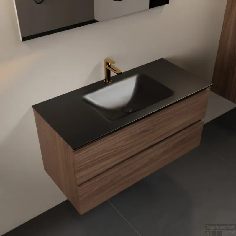 Lage Prijs MONDIAZ AIVY 100cm badmeubel Mocha, wastafel Urban solid surface midden 1 kraangat met spiegel (AI-351321URBAN-SI - AI-M100MOMI - AI-S100X70)