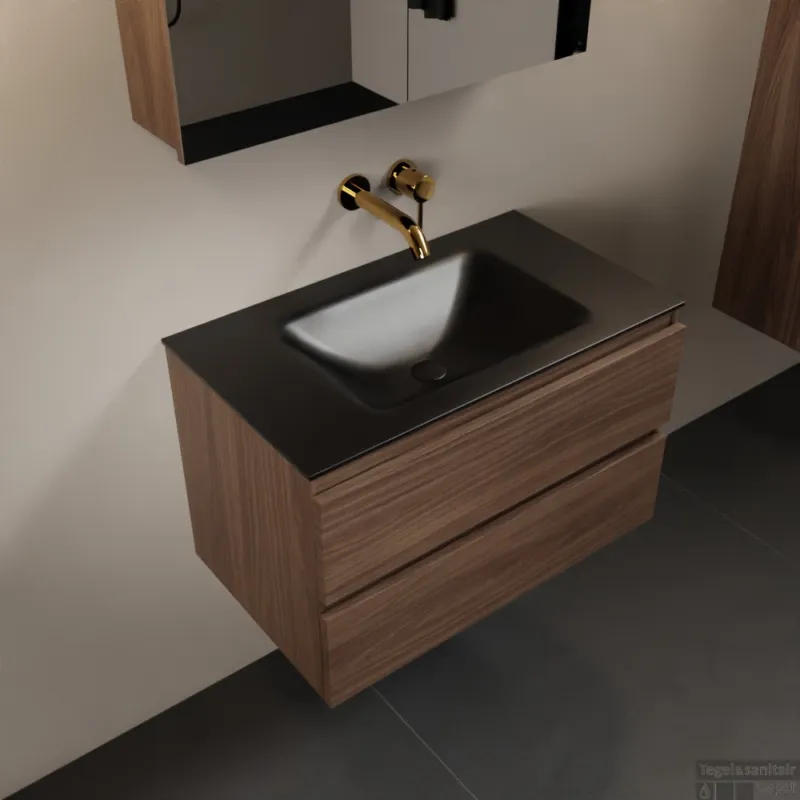 Hoge Kwaliteit MONDIAZ AIVY 80cm badmeubel Mocha, wastafel Urban solid surface midden zonder kraangat met spiegelkast (AI-351171URBAN-NO - AI-M80MOMI - AI-C80MOMI)