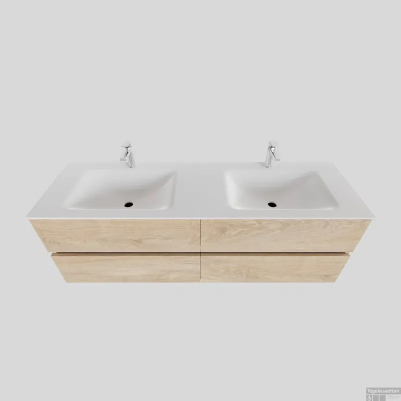 Badkamermeubel Solid Surface BWS Oslo 150x46 cm Dubbel Wood Washed Oak 4 Laden (2 kraangaten) Seizoensaanbieding