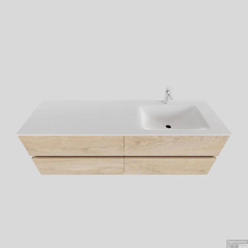 Koopje Badkamermeubel Solid Surface BWS Oslo 150x46 cm Rechts Wood Washed Oak 4 Laden (1 kraangat)
