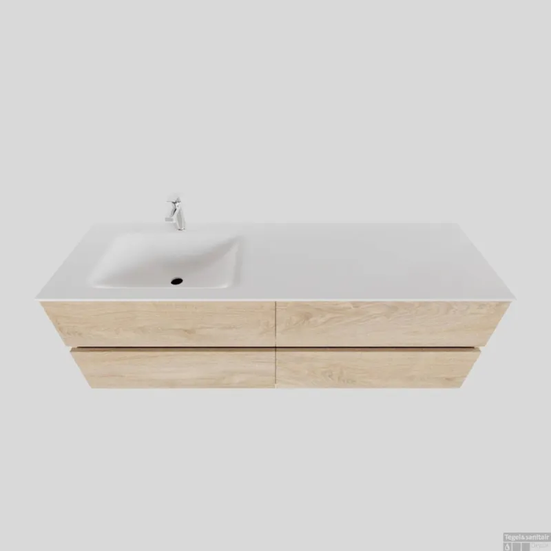 Direct Beschikbaar Badkamermeubel Solid Surface BWS Oslo 150x46 cm Links Wood Washed Oak 4 Laden (1 kraangat)