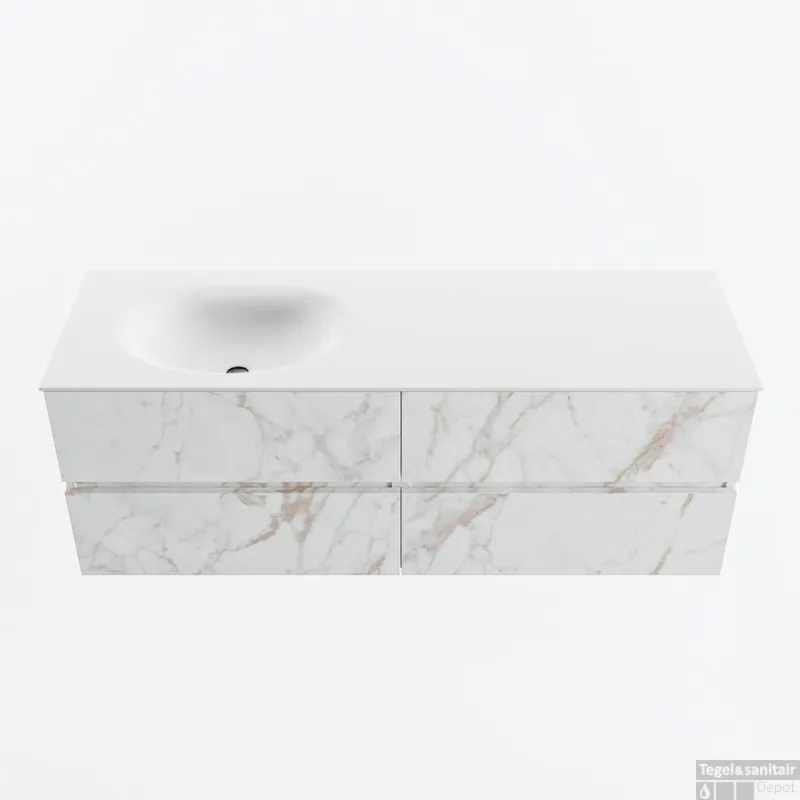 Voordeelprijs MONDIAZ VICA 140cm badmeubel onderkast Carrara 4 lades. Wastafel MOON links 1 kraangat, kleur Talc.
