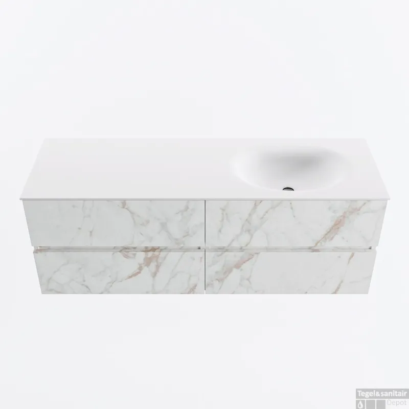 MONDIAZ VICA 140cm badmeubel onderkast Carrara 4 lades. Wastafel MOON rechts 1 kraangat, kleur Talc. Aanbieding