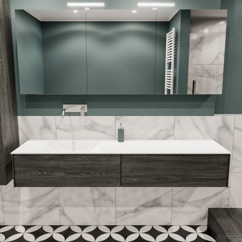 Korting Badkamermeubel BWS Madrid Antraciet 180x45x30 cm Mat Witte Solid Surface Wastafel Links (2 lades, 0 kraangaten)