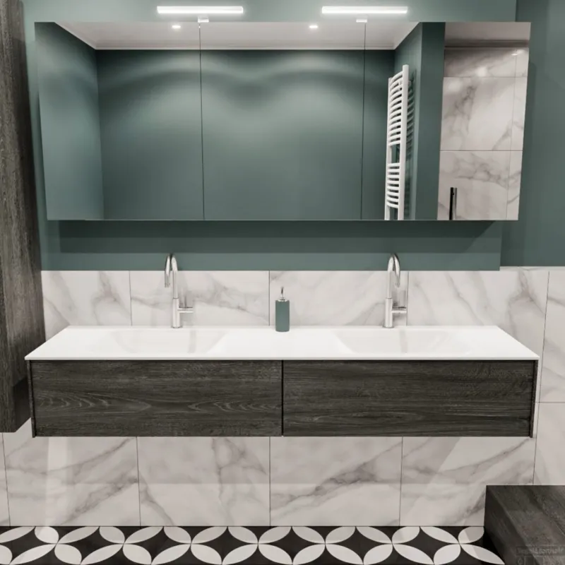 Laatste Versie Badkamermeubel BWS Madrid Antraciet 180x45x30 cm Mat Witte Solid Surface Wastafel Dubbel (2 kraangaten, 2 lades)
