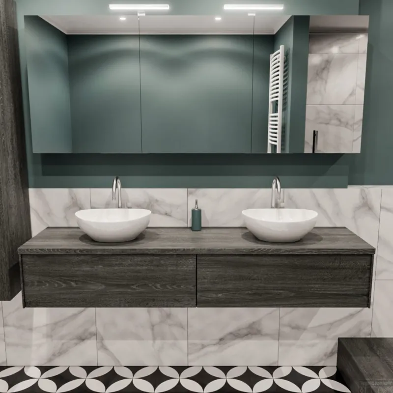 Badkamermeubel BWS Madrid Antraciet 180 cm met Topblad en Keramische Waskom Dubbel (2 lades, 2 kraangaten) Merkproduct