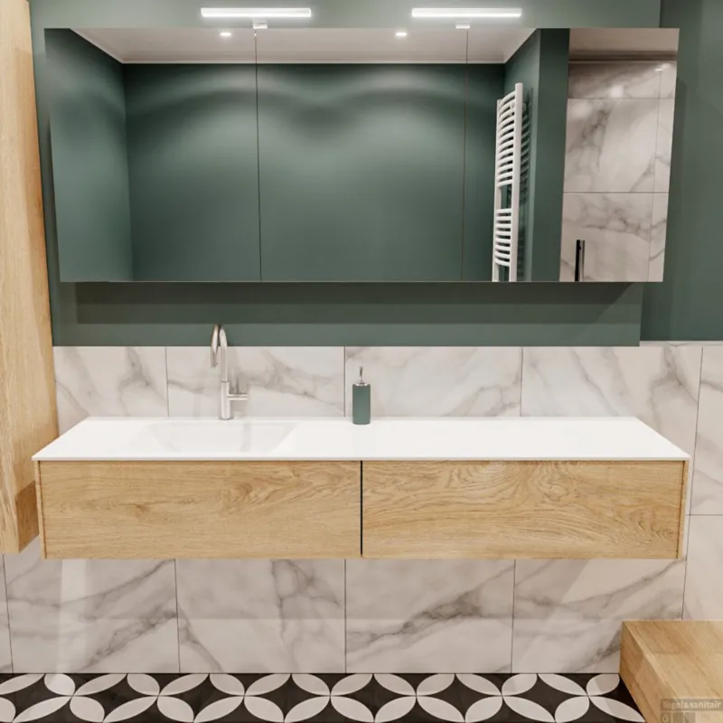 Badkamermeubel BWS Madrid Washed Oak 180x45x30 cm Mat Witte Solid Surface Wastafel Links (2 lades, 1 kraangat) Dagaanbieding