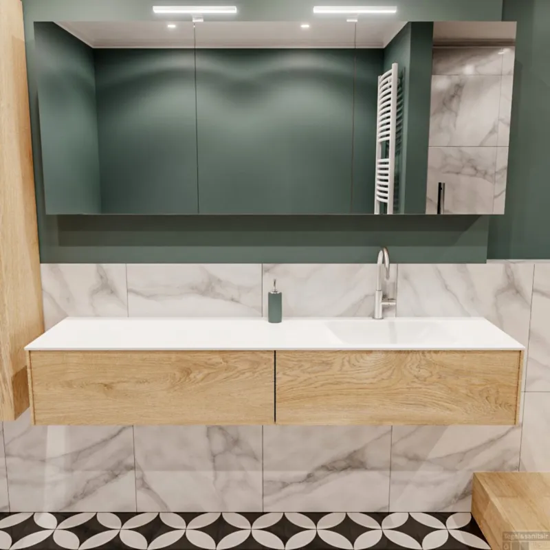 Badkamermeubel BWS Madrid Washed Oak 180x45x30 cm Mat Witte Solid Surface Wastafel Rechts (2 lades, 1 kraangat) Direct Verzonden