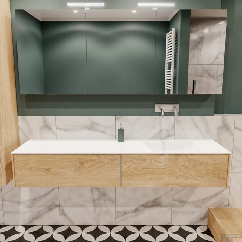 Badkamermeubel BWS Madrid Washed Oak 180x45x30 cm Mat Witte Solid Surface Wastafel Rechts (2 lades, 0 kraangaten) Rechtstreeks Van De Fabrikant