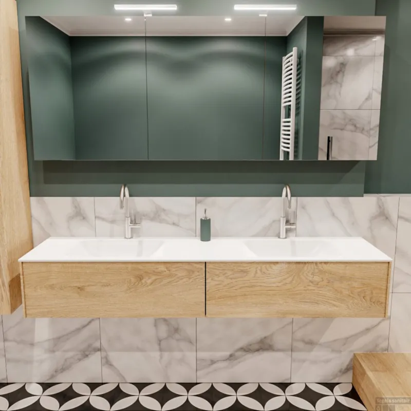 Badkamermeubel BWS Madrid Washed Oak 180x45x30 cm Mat Witte Solid Surface Wastafel Dubbel (2 lades, 2 kraangaten) Hete Deal