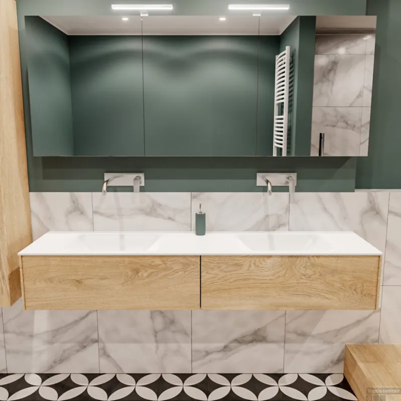 Badkamermeubel BWS Madrid Washed Oak 180x45x30 cm Mat Witte Solid Surface Wastafel Dubbel (2 lades, 0 kraangaten) Koopje