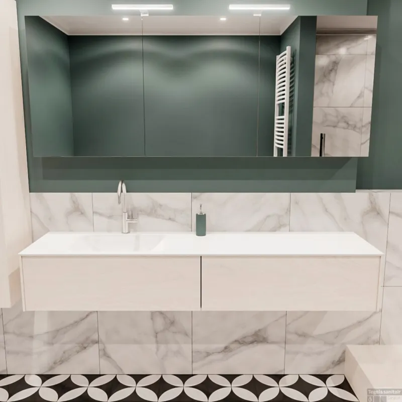 Badkamermeubel BWS Madrid Wit 180x45x30 cm Mat Witte Solid Surface Wastafel Links (2 lades, 1 kraangat) Uitverkoop
