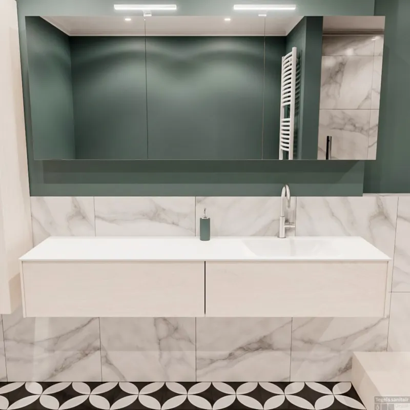 Badkamermeubel BWS Madrid Wit 180x45x30 cm Mat Witte Solid Surface Wastafel Rechts (2 lades, 1 kraangat) Voordeelprijs